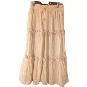 Mable Light Yellow Swiss Dot Tiered Maxi Skirt Eyelet Trim Boho  Size M